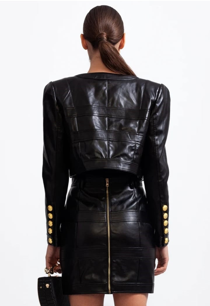 Vegan Leather Co-ord with Golden Buttons - Black