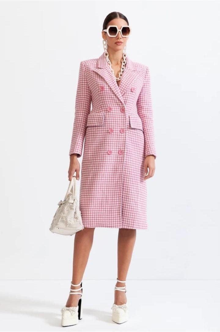 Houndstooth Coat with Pointed Shoulders - Pink