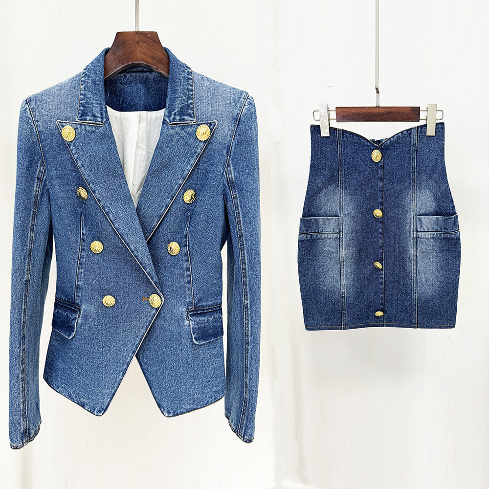 Double-breasted wash denim blazer