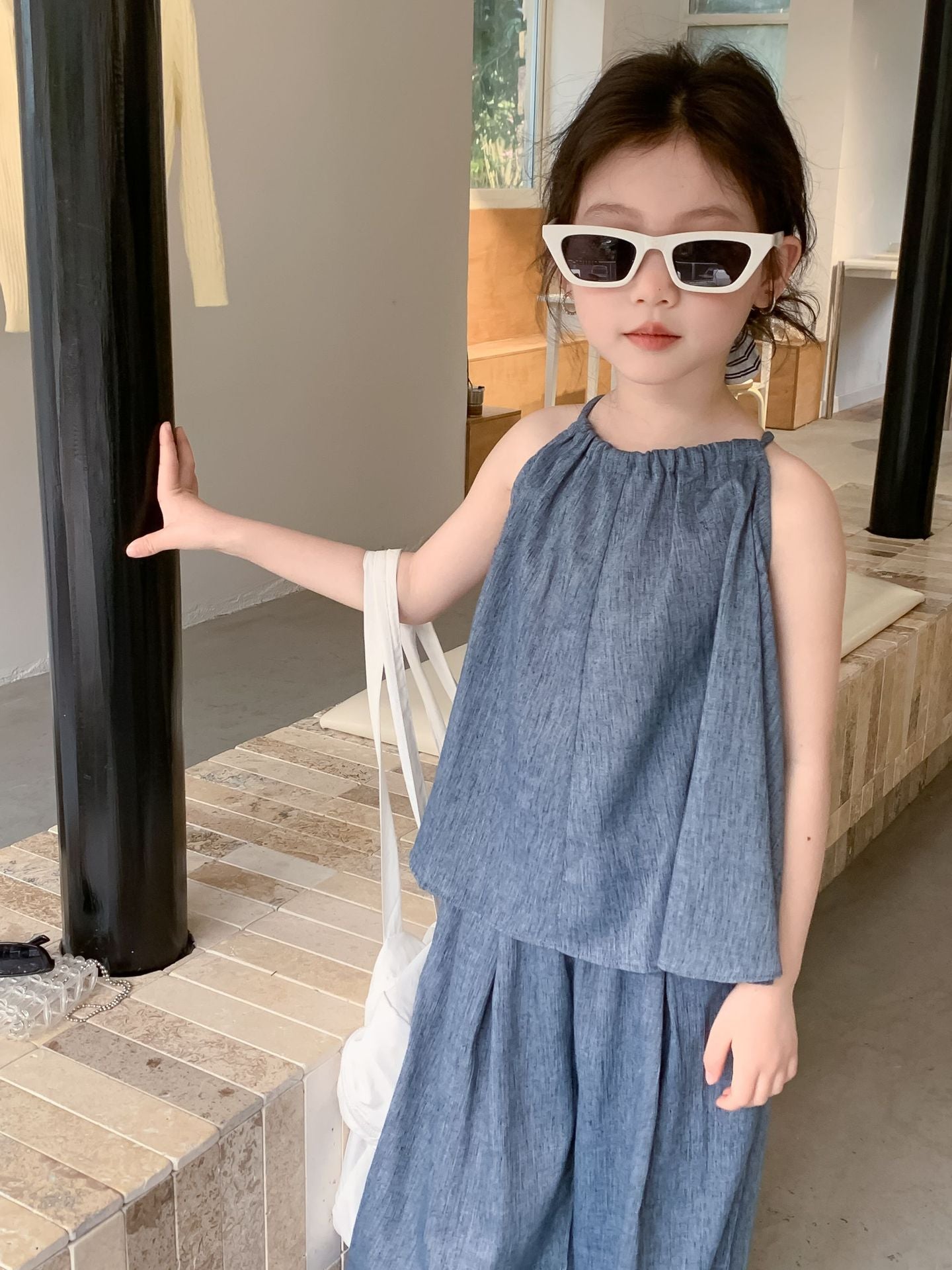 Girls' Blue Suspenders Wide-leg Pants Set in the Big Virgin Bao Cool Two-Piece Set