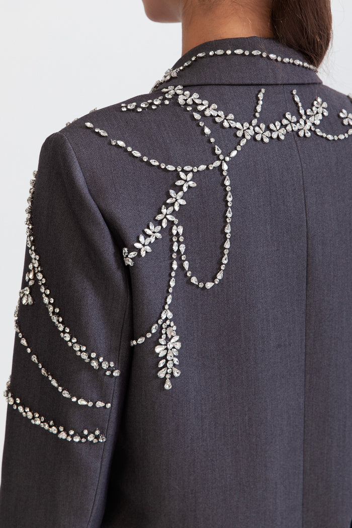 Double Breasted Long Blazer with Jewels - Grey
