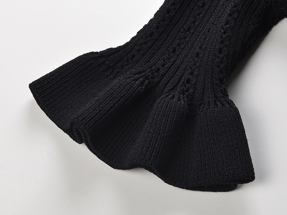 Short sleeve diamond buckle ruffle waist knit dress