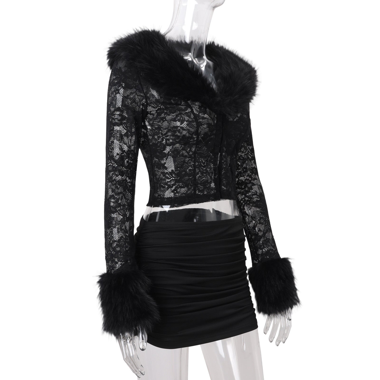 CELIA Faux Fur-Trim Lace Cardigan and skirt set  in Jet Black
