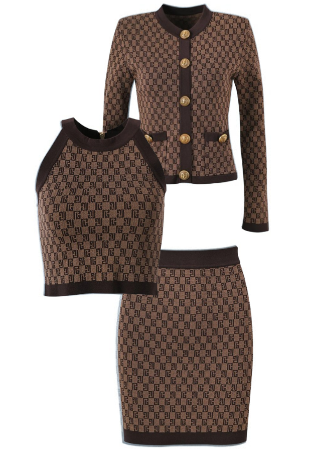 The Camille Luxe Jacquard Three-Piece Mini  Skirt Set - Gray, Brown & Blue