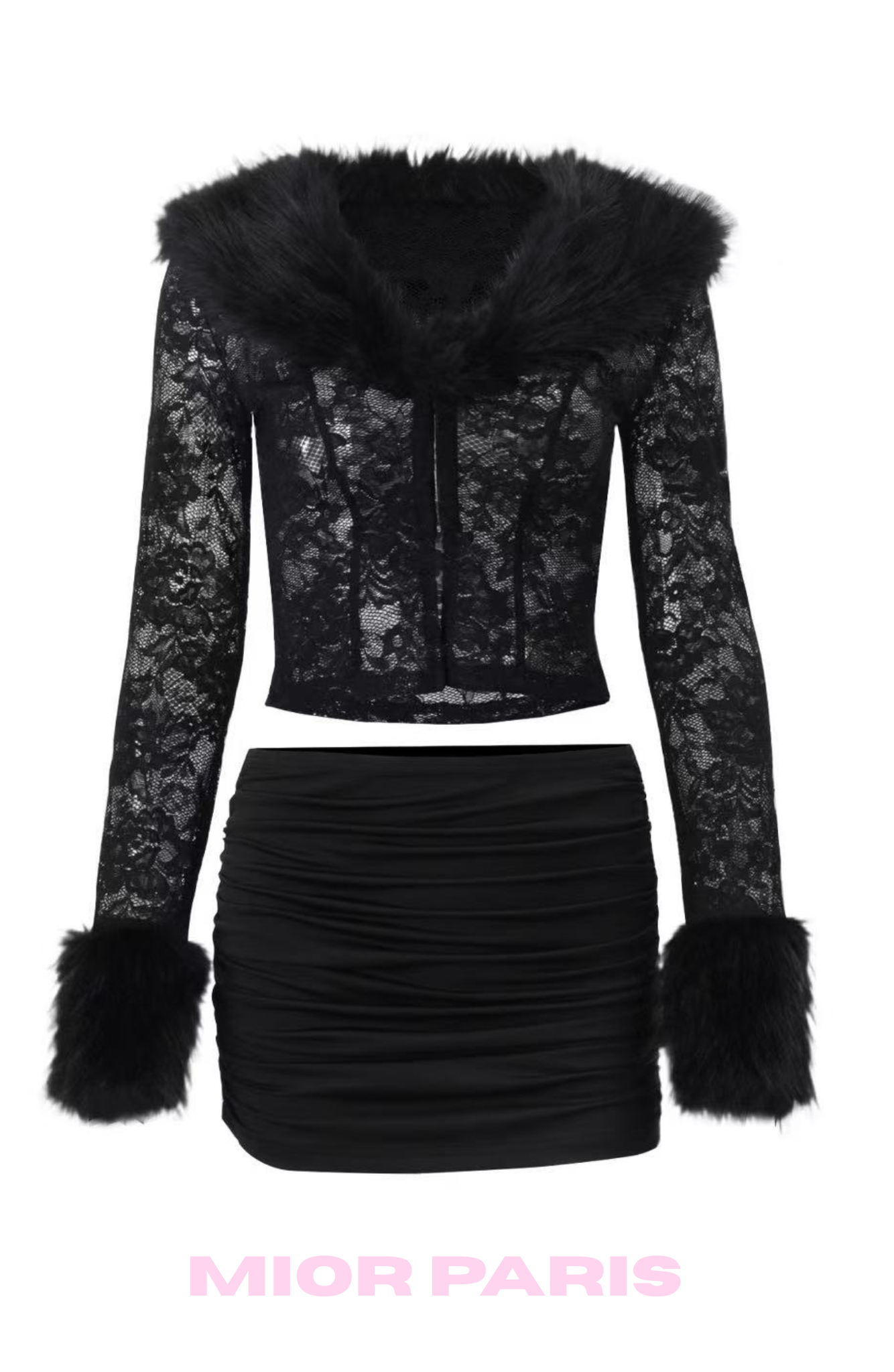 CELIA Faux Fur-Trim Lace Cardigan and skirt set  in Black