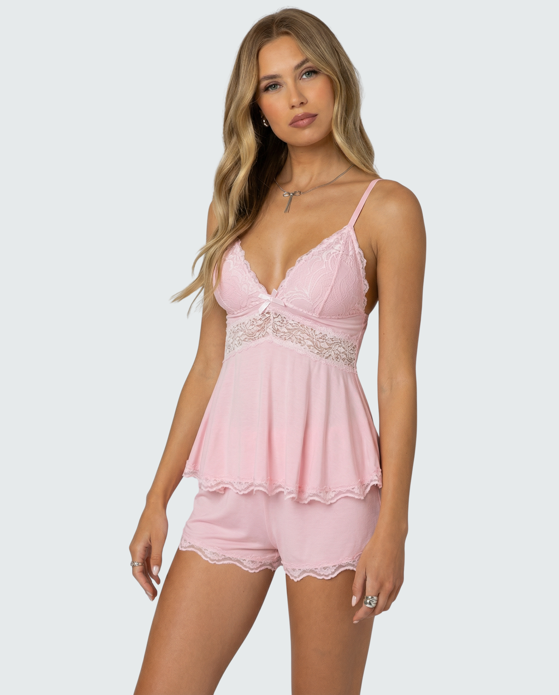 VIVIENNE Pink Lace Camisole & Shorts Set – Soft Feminine Sleepwear Loungewear Set