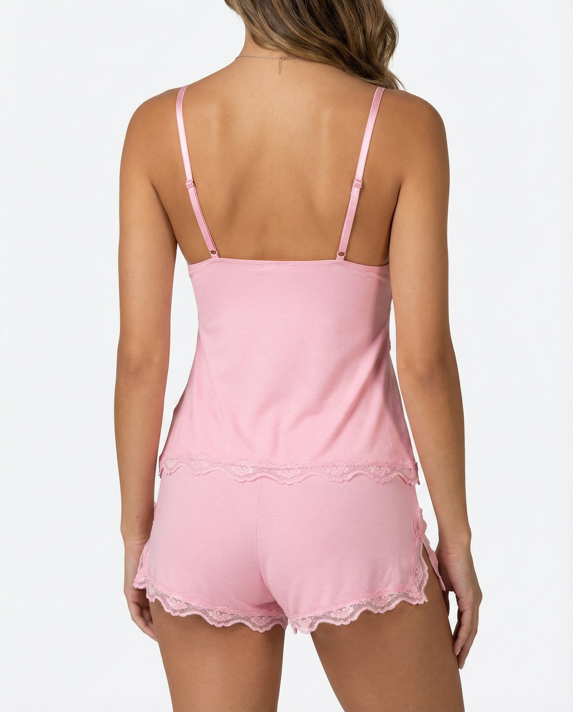 VIVIENNE Pink Lace Camisole & Shorts Set – Soft Feminine Sleepwear Loungewear Set