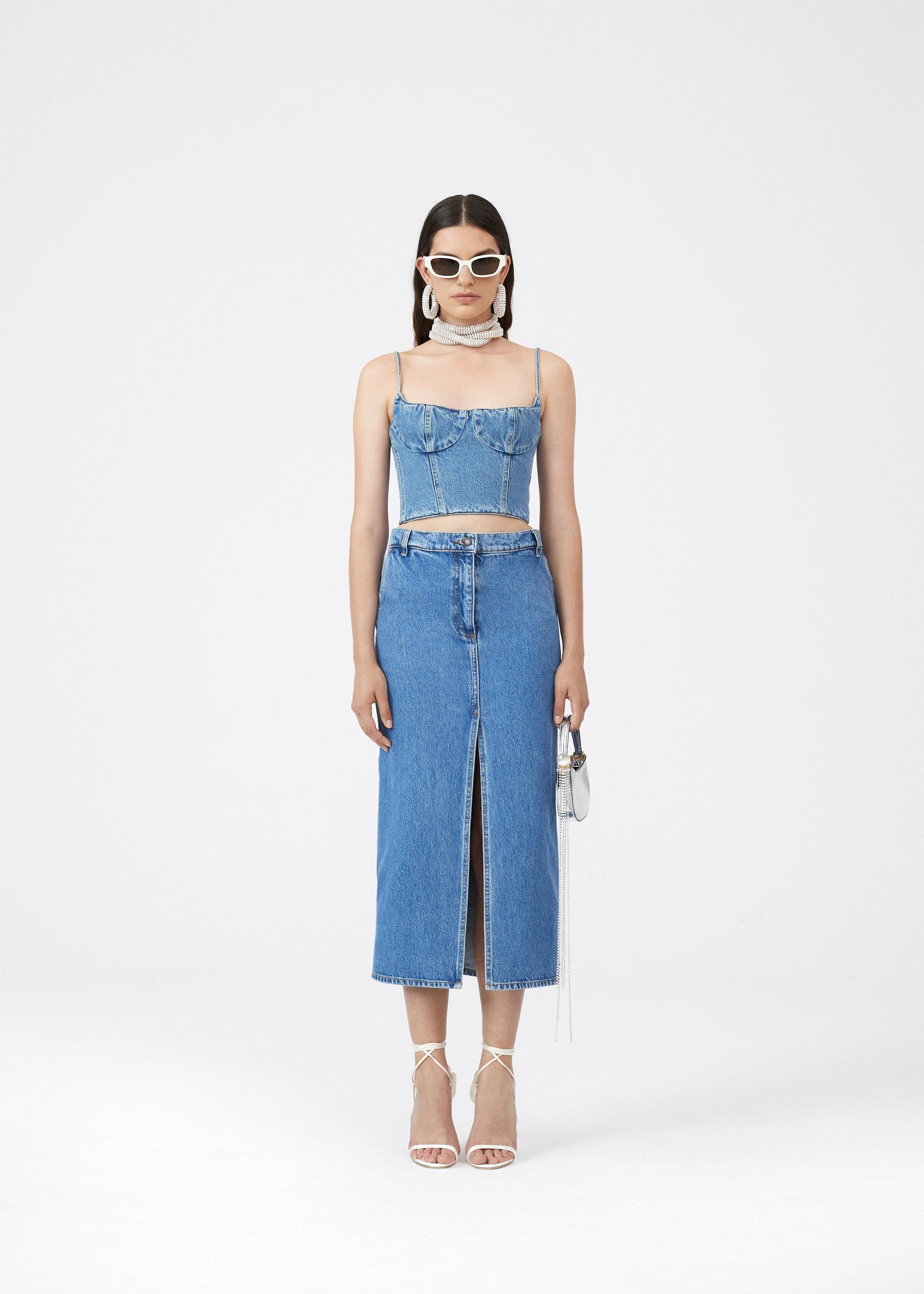 ROSALINE Denim demi bustier top in blue - Dark Blue