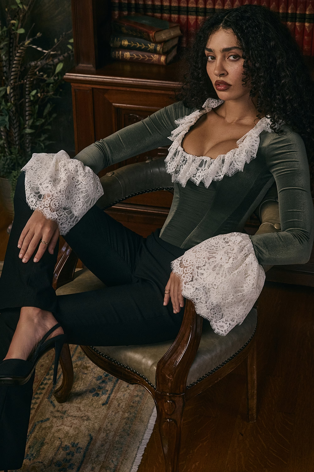 Jacinda Forest Green Velvet Lace Trimmed Corset Top