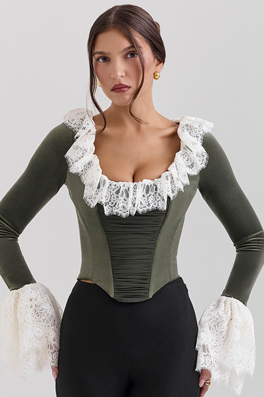 Jacinda Forest Green Velvet Lace Trimmed Corset Top