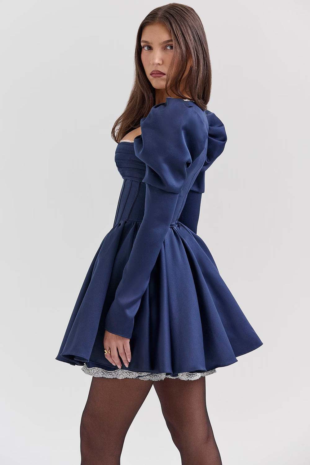 Venetia Midnight Satin Puff Sleeve Mini Dress