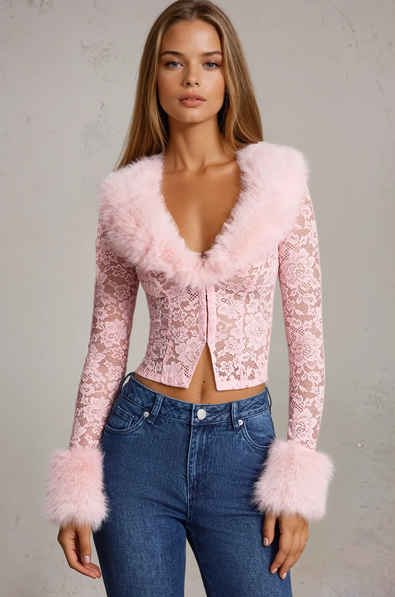 CELIA Faux Fur-Trim Lace Cardigan and skirt set  in Pink
