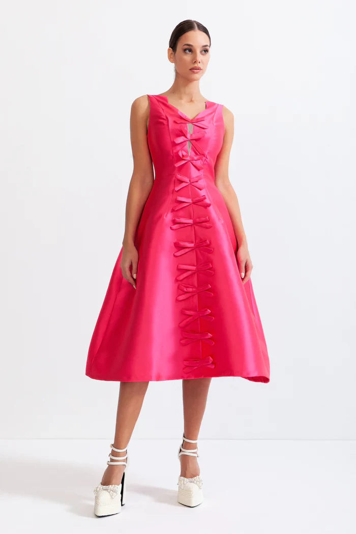 BOW DETAIL HOURGLASS MIDI DRESS - FUCHSIA