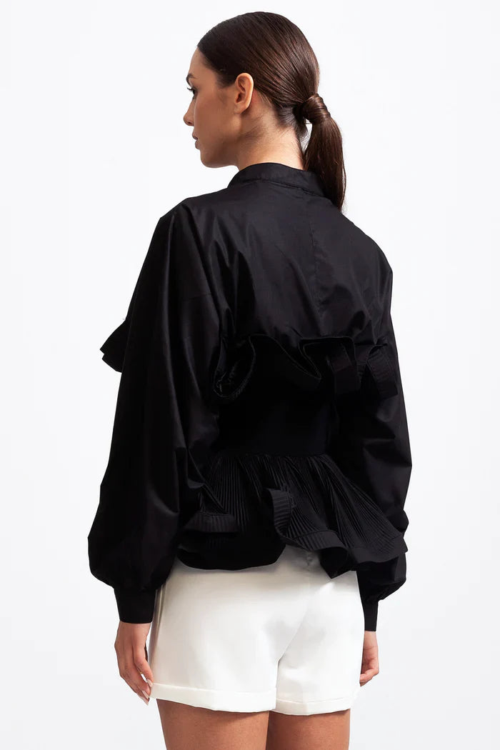 RUFFLE SHIRT WITH MASSIVE BELT - BLACK